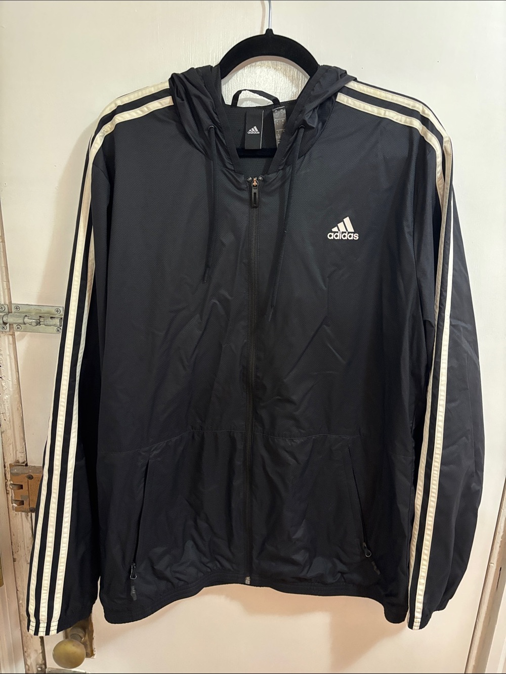 adidas Black Lightweight Hooded Track Jacket with White Stripes